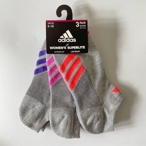 Adidas women’s no show socks 3 pairs size 5-10 gray purple pink orange